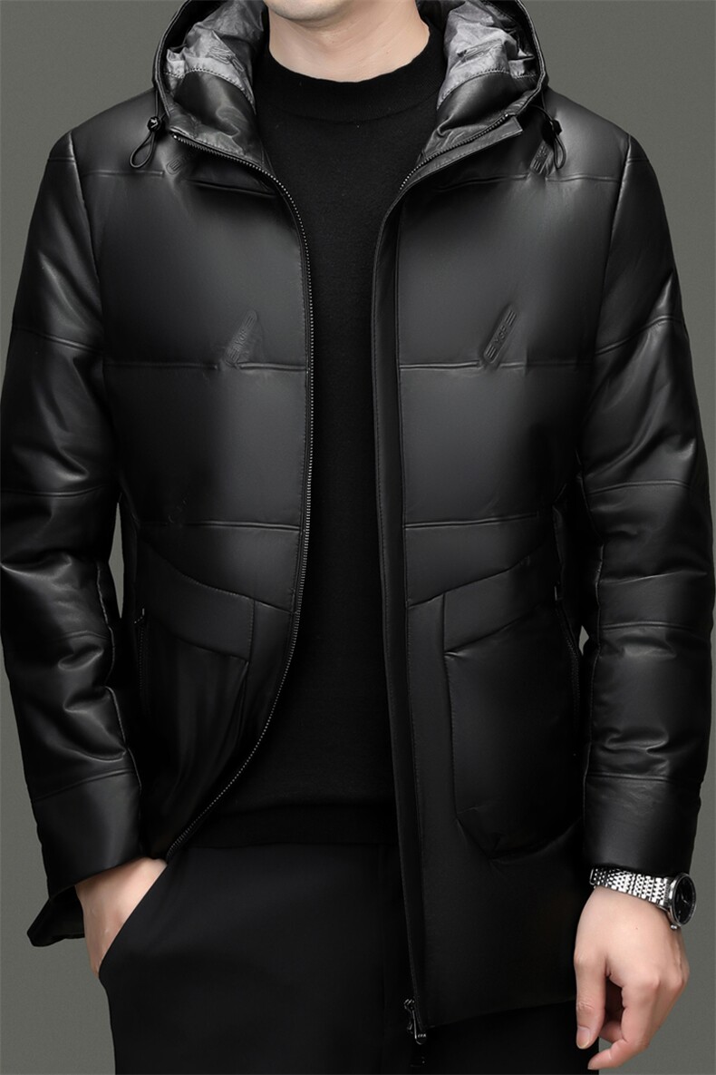 W0211冬季男士真皮羽绒服连帽中长款皮衣绵羊皮外套保暖大衣厚,男装皮衣,电商B360