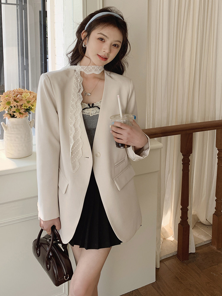 欧洲站2025春季新款时尚百搭V领蕾丝飘带西装外套女上衣,女装西装,牡丹诺