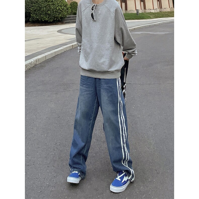 B221美式ins高街小众宽松三条杠运动牛仔裤LK23130-P60控78,男装牛仔裤,电商B221