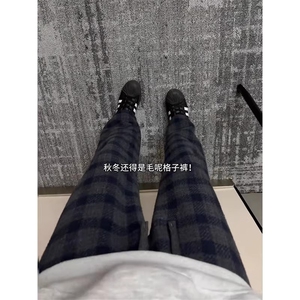 vintage藏青色毛呢格子裤男复古cleanfit直筒休闲裤LCK199-P48图片