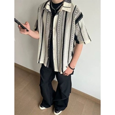 复古条纹镂空网面短袖衬衫男女夏季海岛度假休闲ins衬衣CA6733，男装T恤，星座1116A（原606A-3）