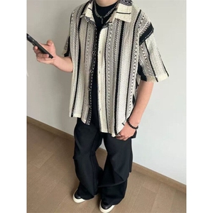 复古条纹镂空网面短袖衬衫男女夏季海岛度假休闲ins衬衣 CA6733图片