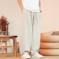 8XL-M亚麻弯刀裤直筒阔腿裤子男夏季宽松大码运动灯笼裤KZ068P60，男装休闲裤，电商B312