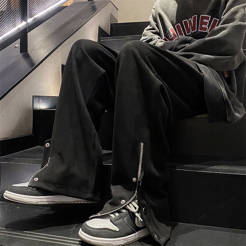 麂皮绒休闲排扣卫裤男秋冬潮流黑色宽松长裤运动直筒裤子~X092,男装休闲裤,星座601-2