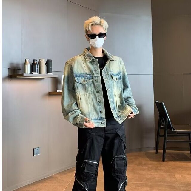 青少年简约长袖慵懒日系做旧牛仔套装秋季潮流长裤新款8853/P65,男装休闲套装,星座506