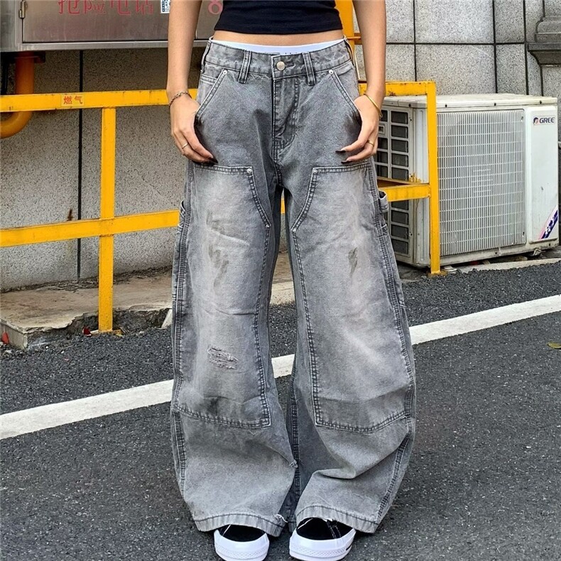 美式高街复古拼接直筒工装牛仔裤男宽松2025新款水洗痞帅伐木裤子,男装牛仔裤,星座506A