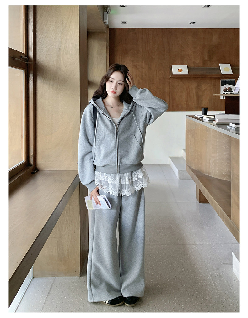 2025超火休闲套装裤灰色卫衣蕾丝屁帘裤子两件套女秋,女装套装/套裙,2B193