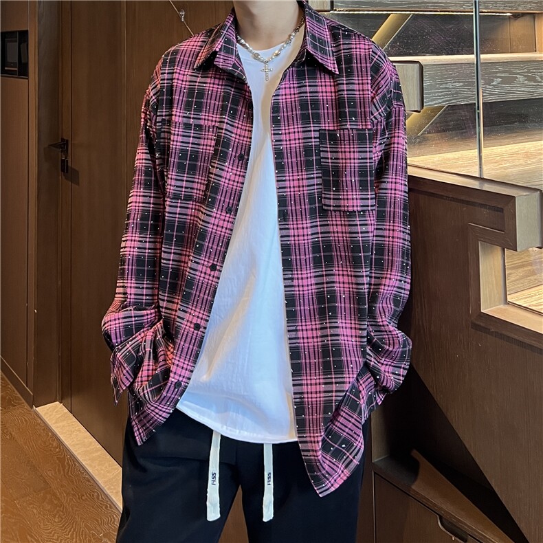 秋款潮流宽松男女情侣长袖烫钻格子衬衫外套212-2-DY74-P65,男装衬衫,星座808A-1