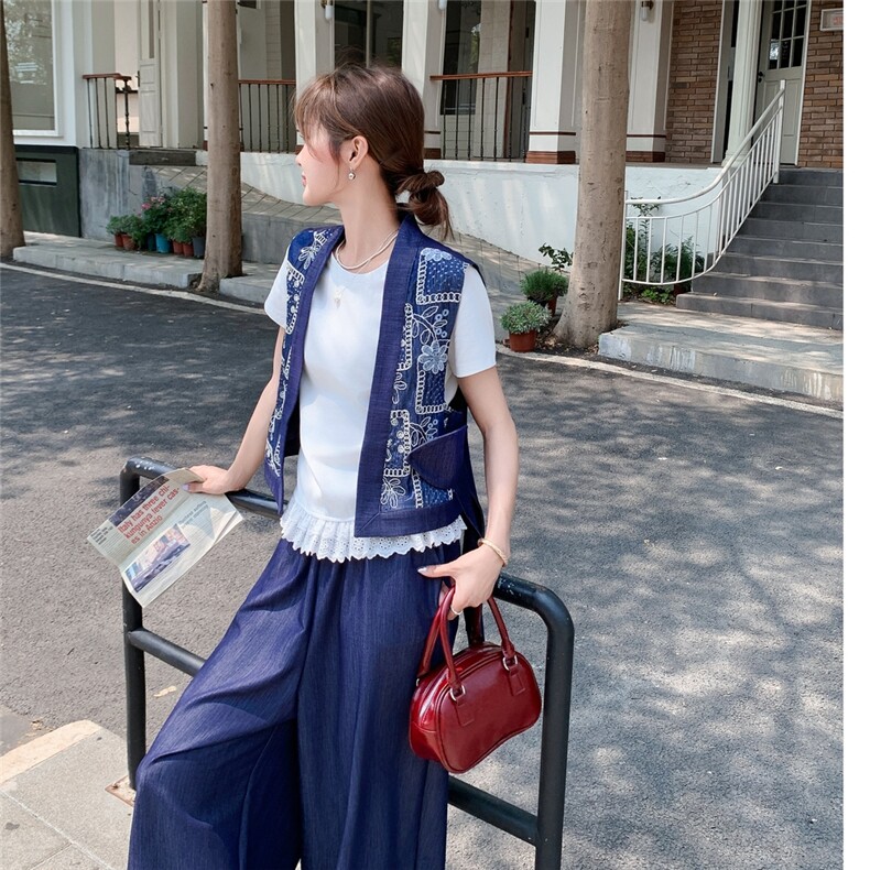 时尚复古刺绣绣花马甲套装女夏季2025年新款短袖T恤阔腿裤三件套,女装套装/套裙,2C177
