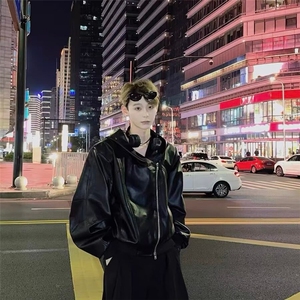 HT97-P65 欧美嘻哈街头拉链解构连帽皮衣外套男小众潮牌高级感图片