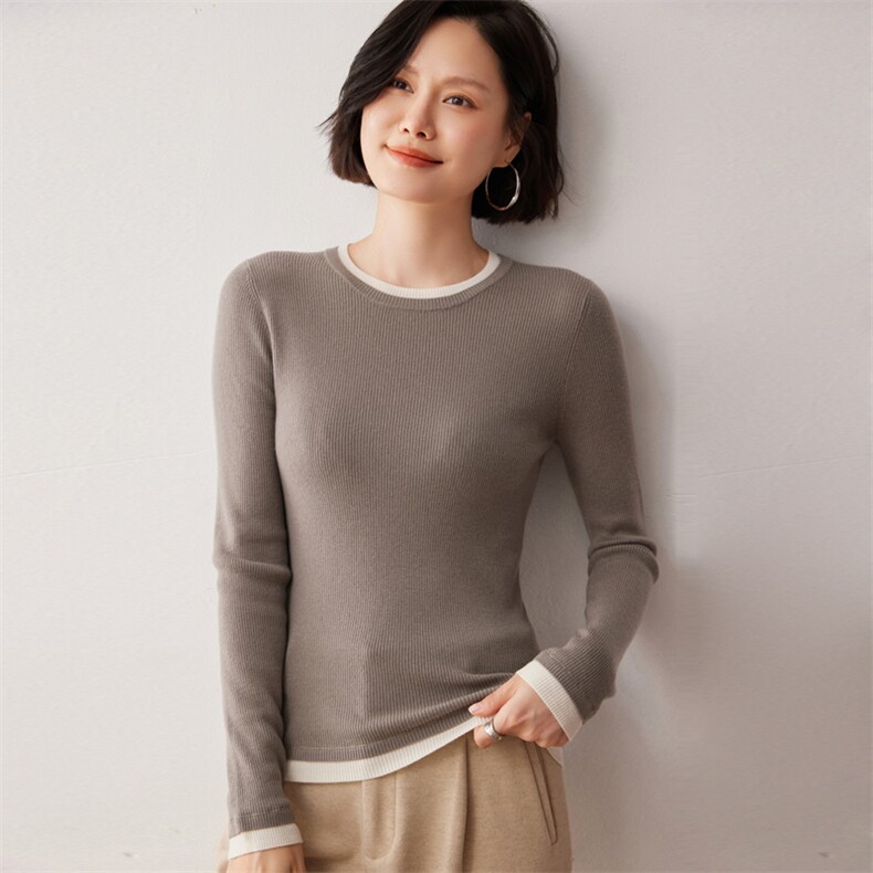 秋冬新款洋气时尚百搭显瘦女款圆领35%山羊绒衫图片