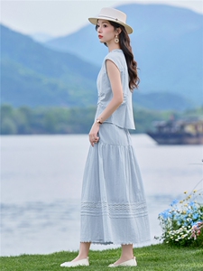 2026夏季新款精梳棉两件套V领短袖+松紧拼接花边半身裙，不挑身材图片