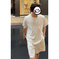 老钱风假两件亚麻套装男款夏季薄款短袖短裤天丝棉麻一整套穿搭潮，男装休闲套装，电商A001-1