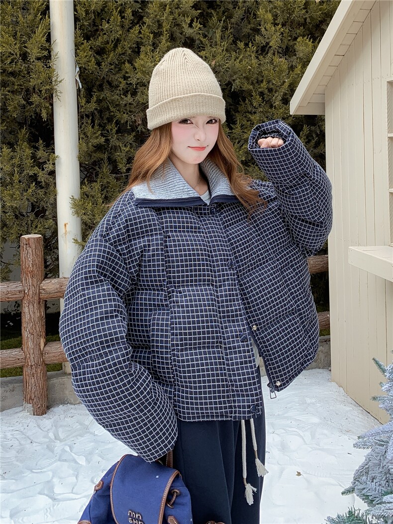 学院风格子羽绒服女2025冬新款短款翻领宽松外套加厚白鸭绒面包服,女装羽绒服,慧尚依恋