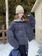 学院风格子羽绒服女2025冬新款短款翻领宽松外套加厚白鸭绒面包服，女装羽绒服，慧尚依恋