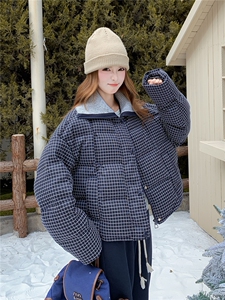 学院风格子羽绒服女2025冬新款短款翻领宽松外套加厚白鸭绒面包服图片