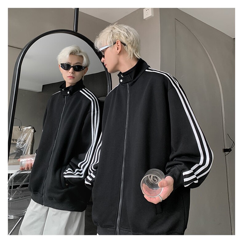 秋季380克全棉宽松条纹拉链套头卫衣立领POLO衫外套AH914-P42，男装Polo衫，四季星座610B