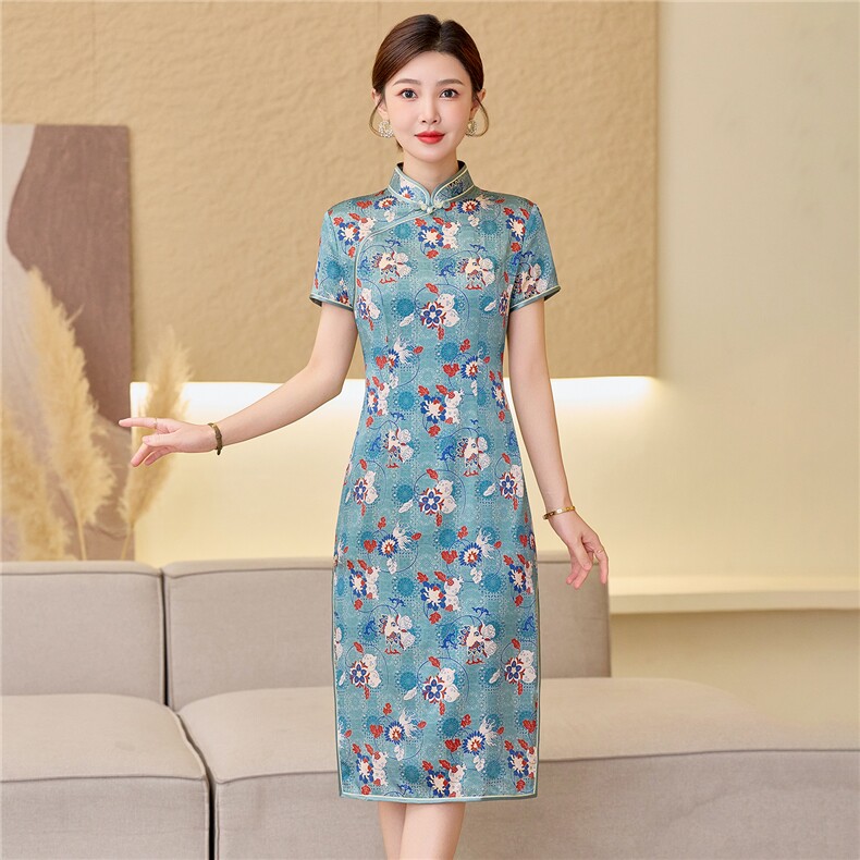 杭州品质真丝长裙复古印花连衣裙女春夏日常修身潮流真丝旗袍,女装汉服/婚纱/旗袍/礼服,小荷流