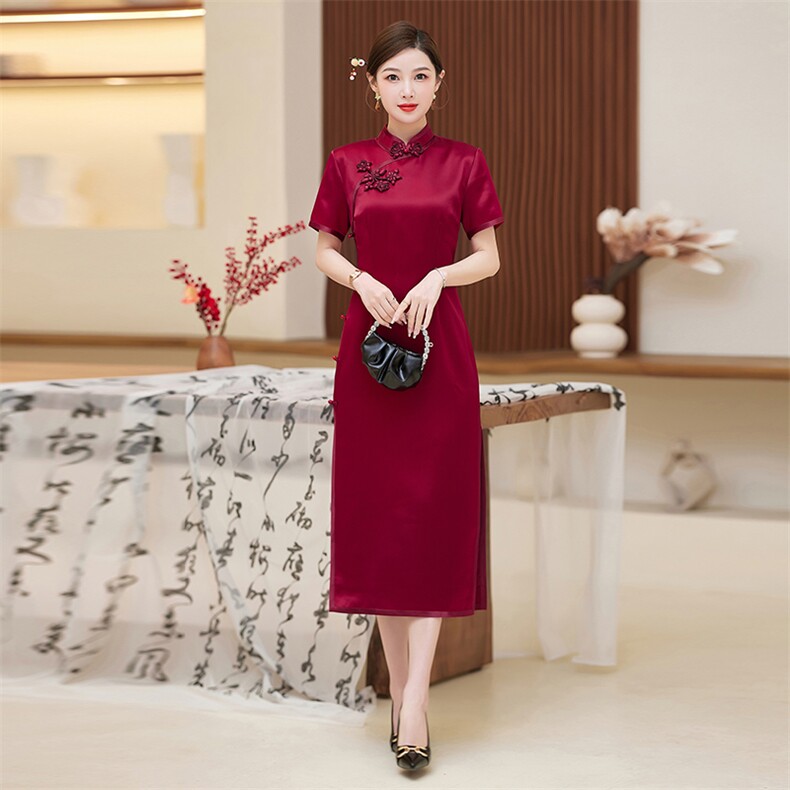 喜婆婆婚宴装2025新款醋酸大码妈妈礼服高贵改良红色旗袍连衣裙夏,女装汉服/婚纱/旗袍/礼服,小荷流