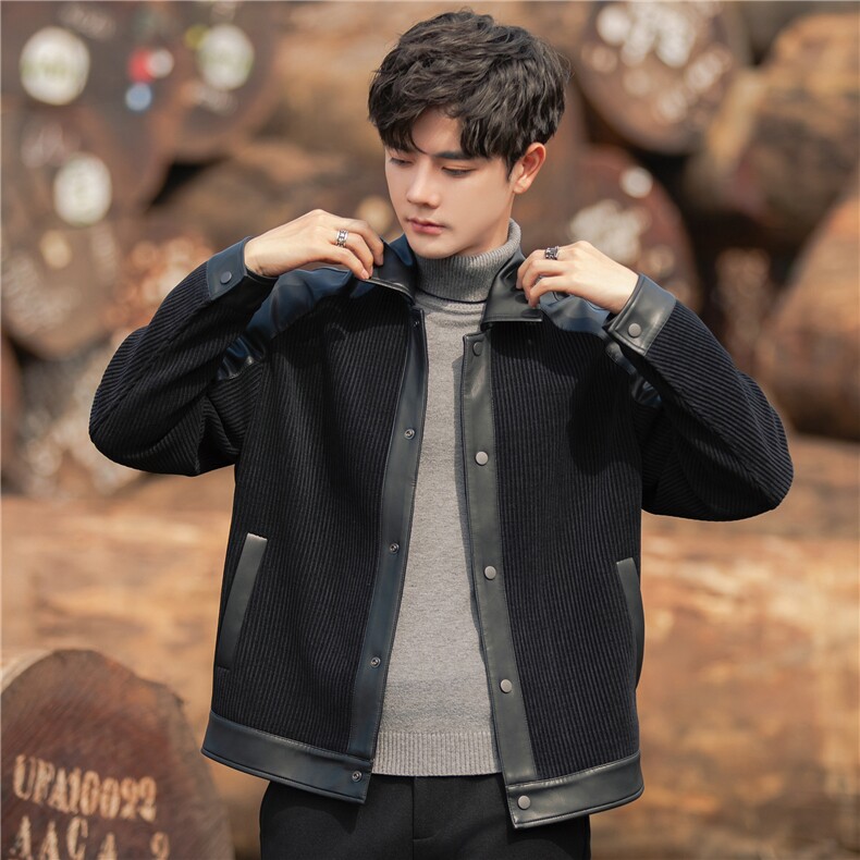 2026年新款翻领春秋季PU皮拼接皮衣高级感痞帅夹克外套3076-P195，男装夹克，电商A355（原A415）