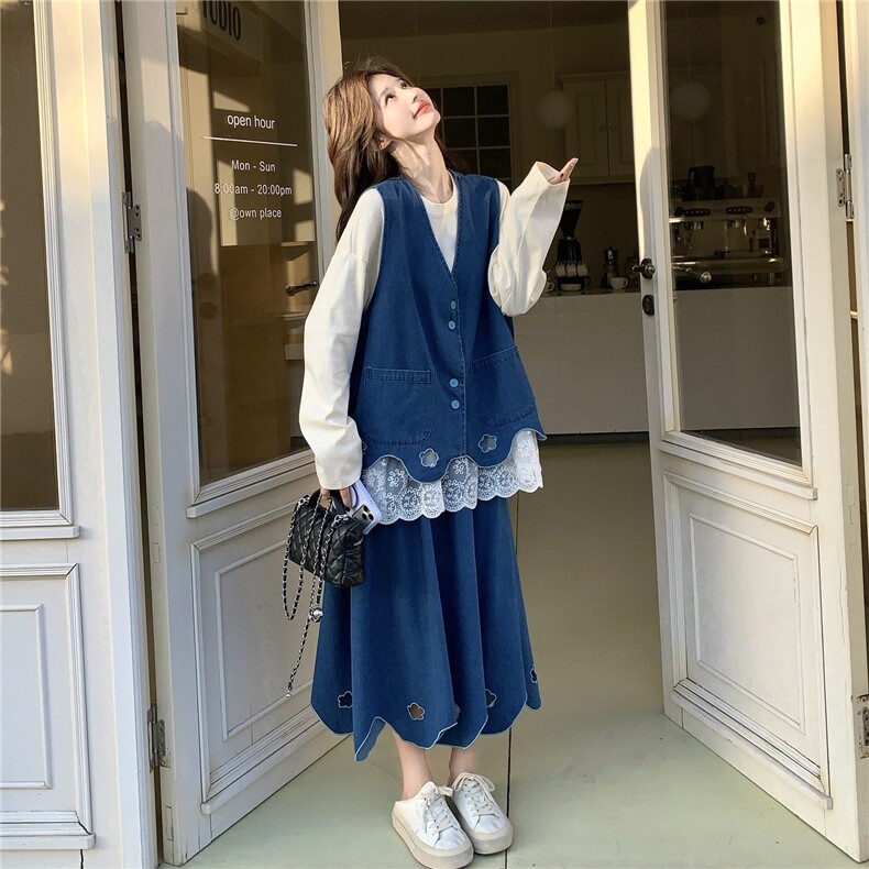 现货新款针织+牛仔马甲+半身裙三件套2C056-7203-P195控318,女装套装/套裙,2C056