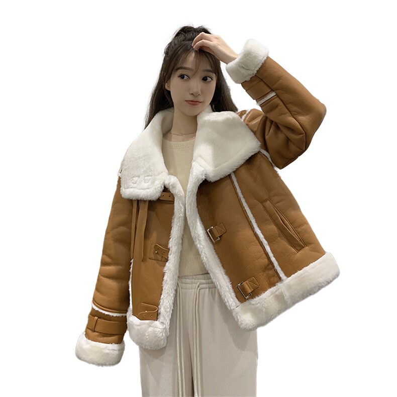 皮毛一体短款明线设计机车风短外套87-F8739-P195-K278,女装毛呢外套,2B190
