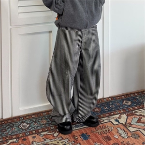 秋冬美式复古条纹垂感休闲裤子男女宽松高级感直筒阔腿裤图片