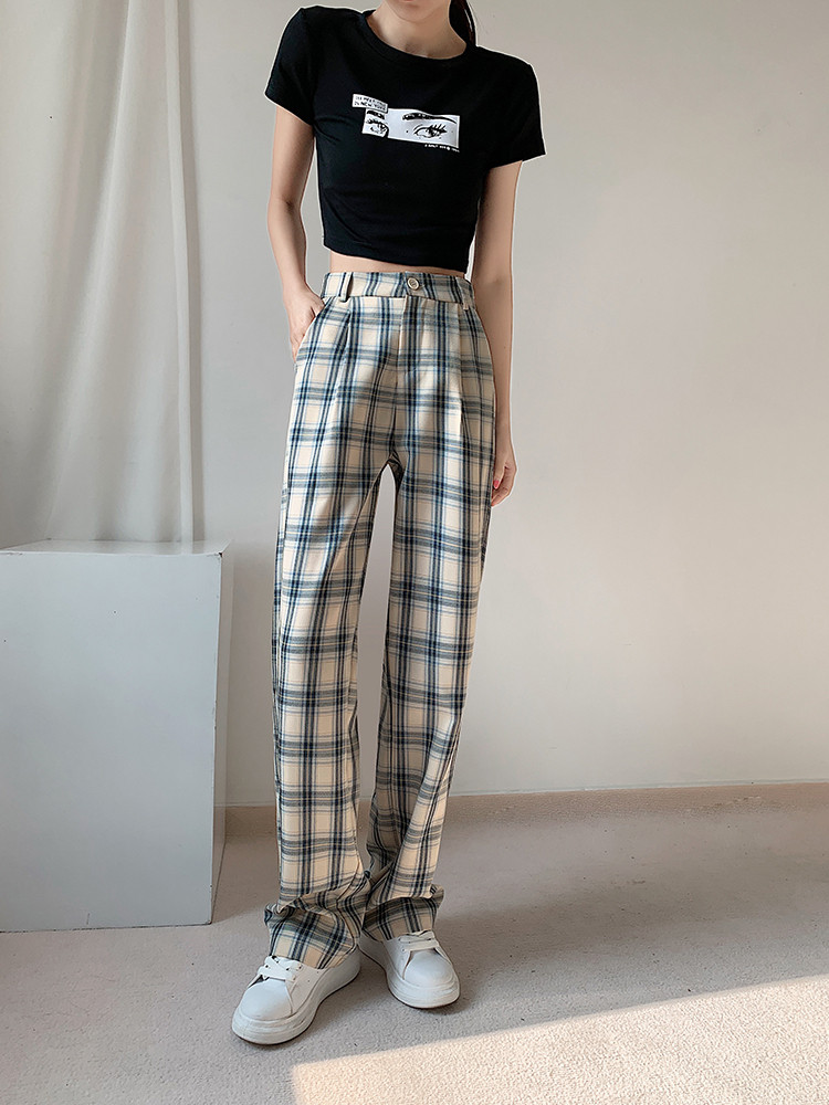 2024春夏季薄款高腰格子直筒女长裤休闲宽松显瘦百搭阔腿裤，女装休闲裤，梦白服饰厂