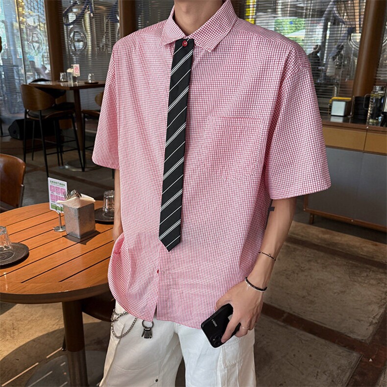 细格子短袖衬衫5XZ1030-TP5588学院风韩系小清新翻领衬衣男,男装衬衫,电商A102