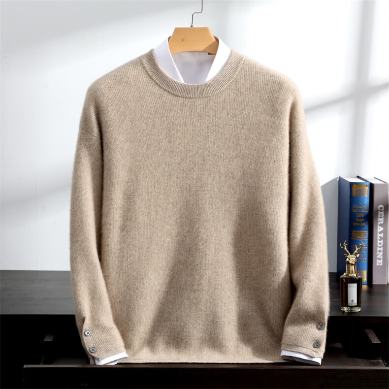 2025年秋季新款百搭宽松版圆元宝针袖口圆领，男装羊绒套衫，澳坤羊绒