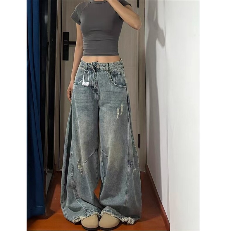美式磨破阔腿牛仔裤女2025秋季新款高腰宽松显瘦遮胯弯刀拖地裤子,男装牛仔裤,星座1210-1