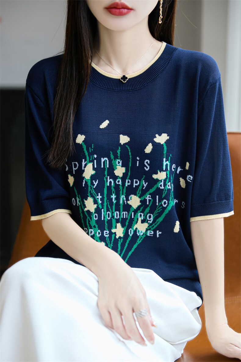 夏季新款简约莱赛尔天丝蓝色印花短袖女宽松百搭显瘦时尚休闲上衣,针织衫/毛衣,源达羊绒