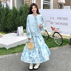 蓝色针织马甲碎花连衣裙女2025春季新款法式系带减龄长裙两件套，女装套装/套裙，2C232