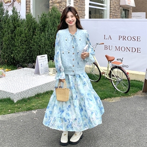蓝色针织马甲碎花连衣裙女2025春季新款法式系带减龄长裙两件套图片