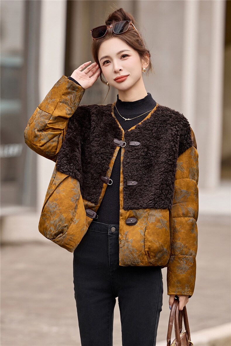 提花人丝皮毛羽绒一体高端时尚流行白鸭绒羽绒服复古风保暖款,女装羽绒服,布芭啦
