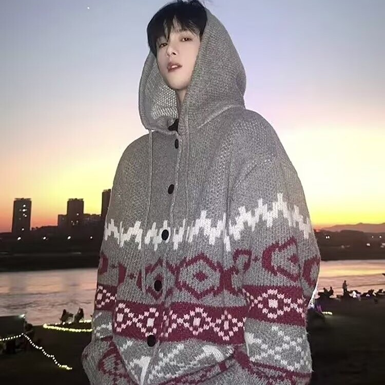 濮院针织衫慵懒宽松休闲提花连帽毛衣绣花氛围感针织开衫LF488p85,男装针织衫/毛衣,电商D256-2(原A064-2)