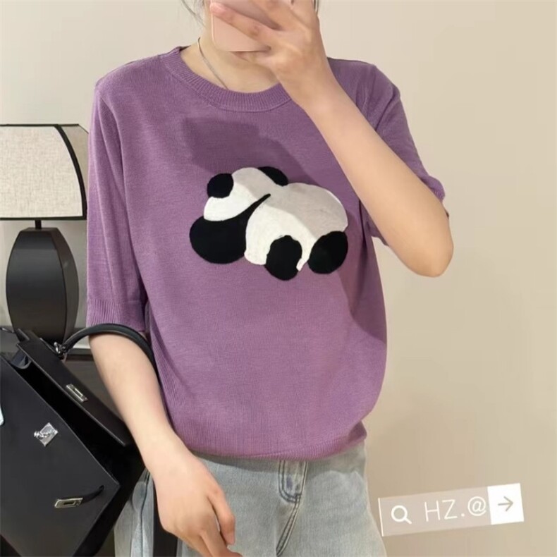 时尚圆领熊猫提花德国杨子纱+桑蚕丝16针织短袖女宽松薄款T恤上衣,女装T恤,鑫之绒