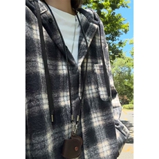 连帽格子长袖衬衫男士春秋季2025新款美式复古慵懒风宽松衬衣外套，男装衬衫，电商A022