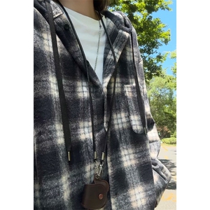 连帽格子长袖衬衫男士春秋季2025新款美式复古慵懒风宽松衬衣外套图片