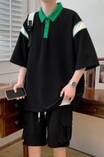 夏季港风短袖POLO衫运动休闲套装男情侣T恤短裤两件套潮6629-P55，男装Polo衫，电商A441-1