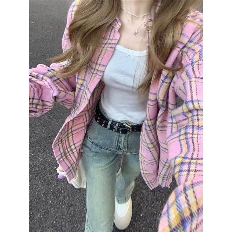 森系甜美粉色格纹衬衫女早秋中厚宽松休闲显瘦中长款衬衣外穿开衫,男装衬衫,星座1210-1