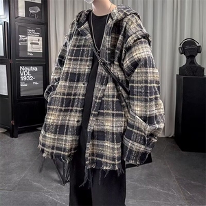 JY606-P64 连帽外套男女潮牌情侣小众小香风格子毛边夹克 网图图片