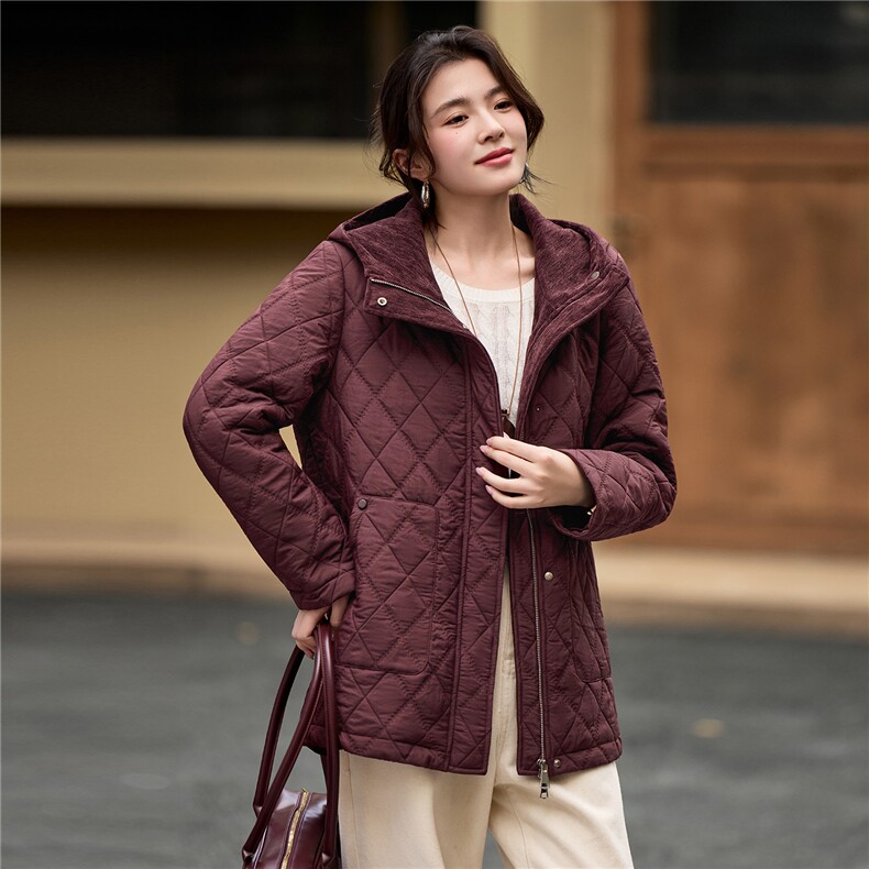 2025年冬季中长款连帽夹棉菱格棉衣棉服外套,女装棉衣/棉服,简韵佳