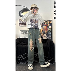 新款牛仔裤新款男潮流牛仔破洞宽松百搭情侣N01671-P43，男装牛仔裤，星座308B-1
