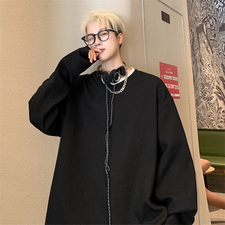 白色肌理感长袖t恤男生春秋季日系少年感V领宽松慵懒风打底衫上衣，男装T恤，电商A022