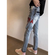 美式高街红标刺绣破洞牛仔裤潮牌休闲男女显高修身裤子HCT101p38，男装牛仔裤，星座1112-1
