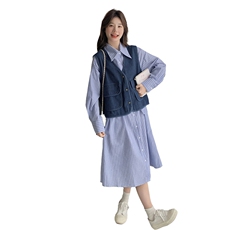 现货牛仔马甲+条纹衬衫收腰裙两件套2C206-L158-P165-K228，女装套装/套裙，2C206