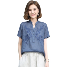 棉麻衬衫女夏2025新款高端大码宽松苎麻小衫中年妈妈短袖亚麻上衣，女装T恤，丽影随形