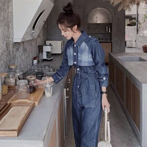 2021春秋季格纹拼接时尚连体裤高腰时尚翻领休闲舒适百搭女图片