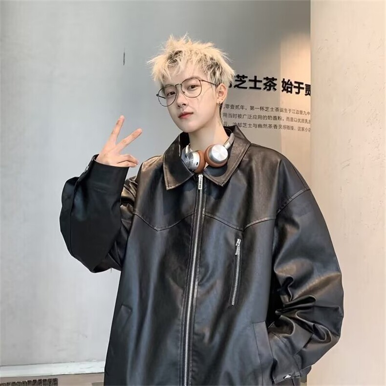 W301-P68痞帅炸街皮衣男款潮流夹克短款上衣2025新款春秋装,男装皮衣,电商B323A